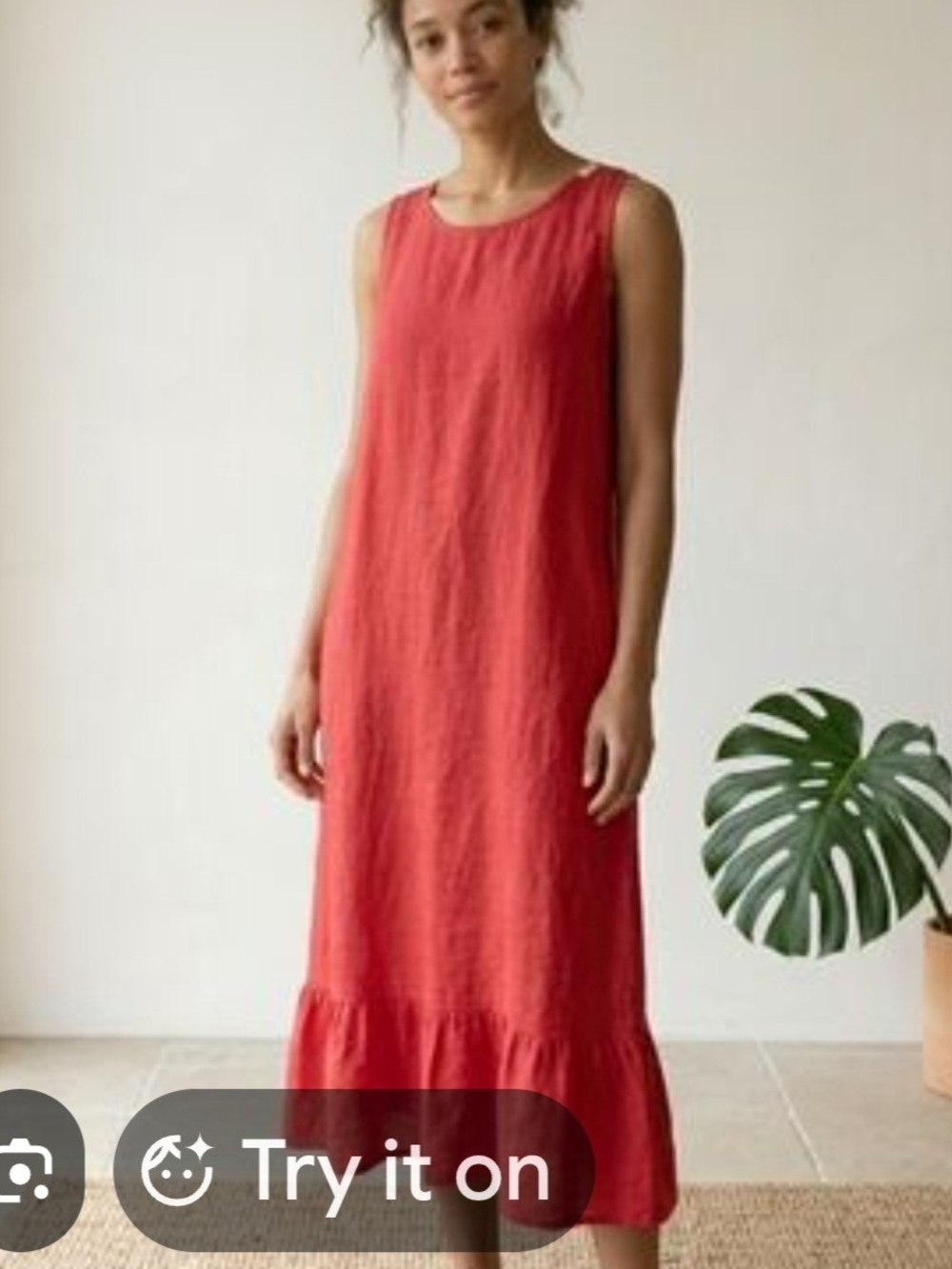 Sleeveless 100% Italian Linen Coral Maxi Dress with Ruffle Hem Medium
